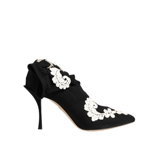 Dolce & Gabbana Black White Embroidered Jersey Stiletto Boots Shoes with floral embroidery, pointed-toe, slim stiletto heel.
