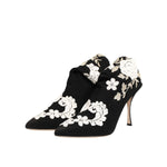 Dolce & Gabbana Black White Embroidered Jersey Stiletto Boots Shoes with floral design and slim stiletto heel.