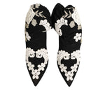 Dolce & Gabbana Black White Embroidered Jersey Stiletto Boots Shoes with floral design, pointed toes, and slim heels.