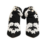 Dolce & Gabbana Black White Embroidered Jersey Stiletto Boots Shoes with floral design, pointed-toe and stiletto heel.