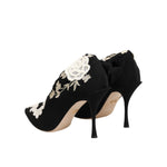 Dolce & Gabbana Black White Embroidered Jersey Stiletto Boots Shoes with white floral details and slim stiletto heel.