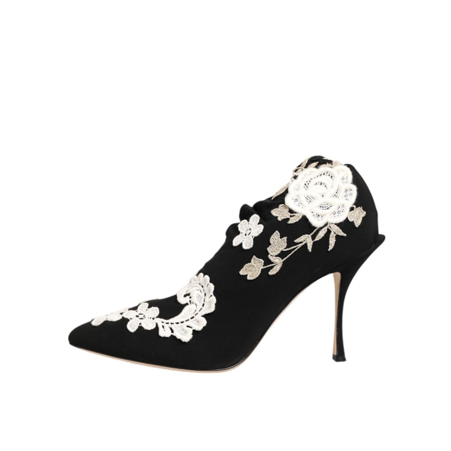 Dolce & Gabbana Black White Embroidered Jersey Stiletto Boots Shoes with floral design and slim pointed toe heel.