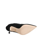 Sole view of Dolce & Gabbana Black White Embroidered Jersey Stiletto Boots Shoes, featuring black heel and branded sole.