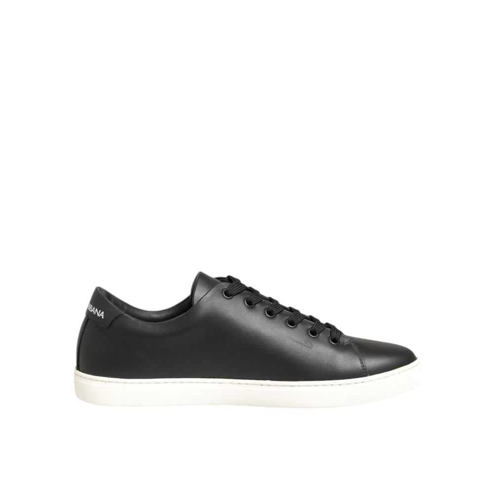 Dolce & Gabbana Black White Leather Crystal Heart Sneakers Shoes with red crystal heart patch on sleek black leather