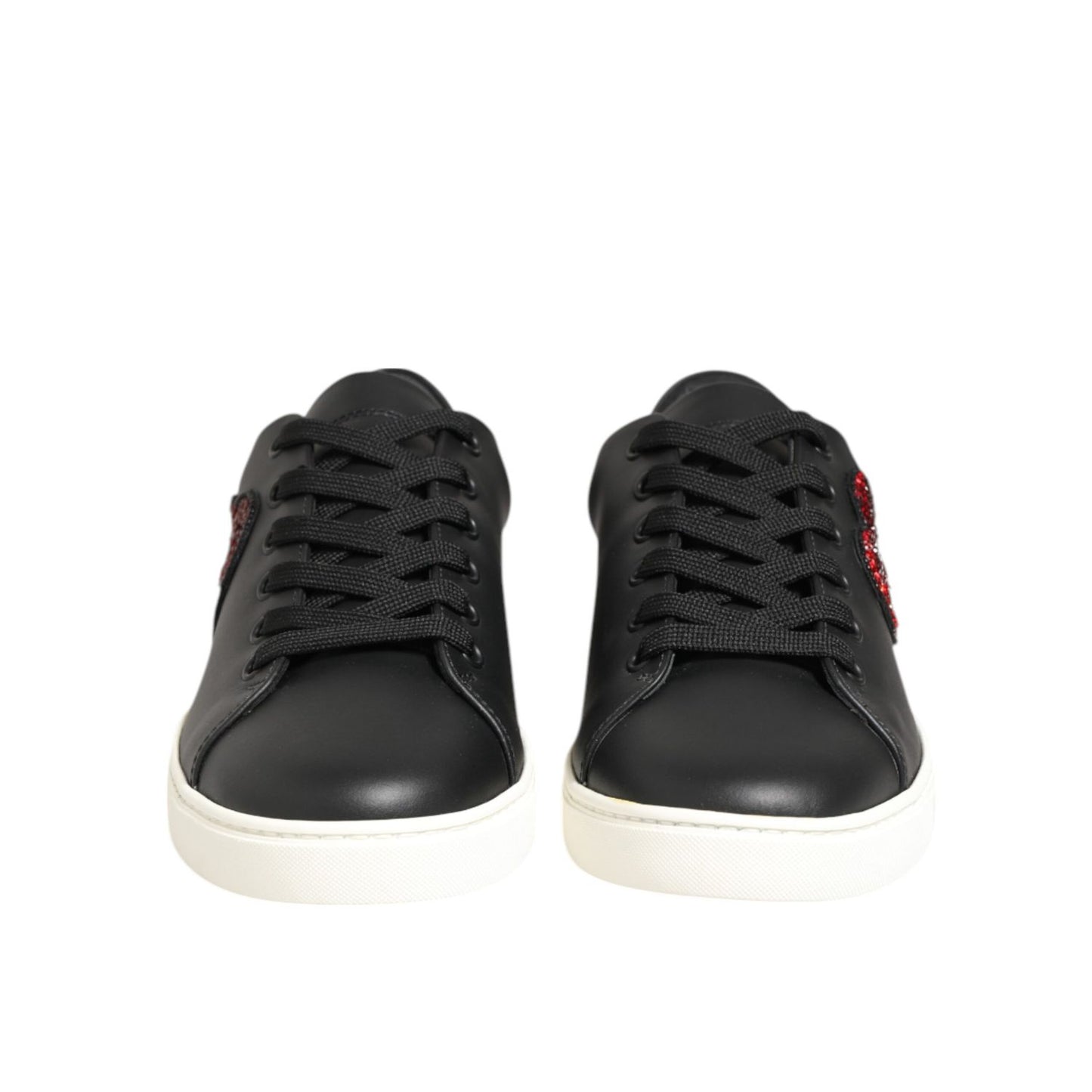 Dolce & Gabbana Black White Leather Crystal Heart Sneakers Shoes with red crystal heart on black leather