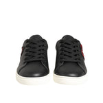 Dolce & Gabbana Black White Leather Crystal Heart Sneakers Shoes with red crystal heart on black leather