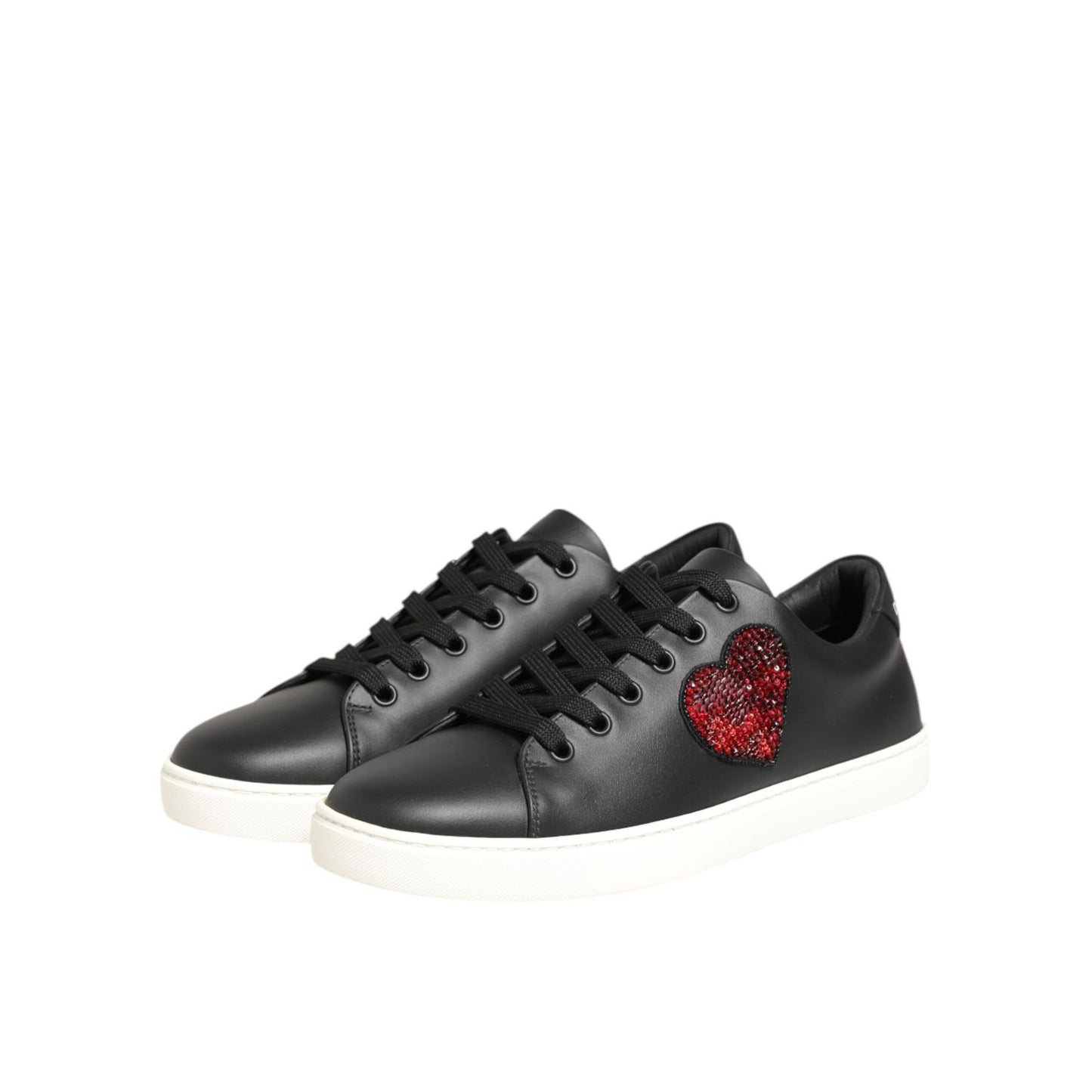 Dolce & Gabbana Black White Leather Crystal Heart Sneakers Shoes with red crystal heart detail and rubber soles, lace-up design.