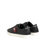 Dolce & Gabbana Black White Leather Crystal Heart Sneakers Shoes with red heart patch, lace-up closure, and rubber sole.