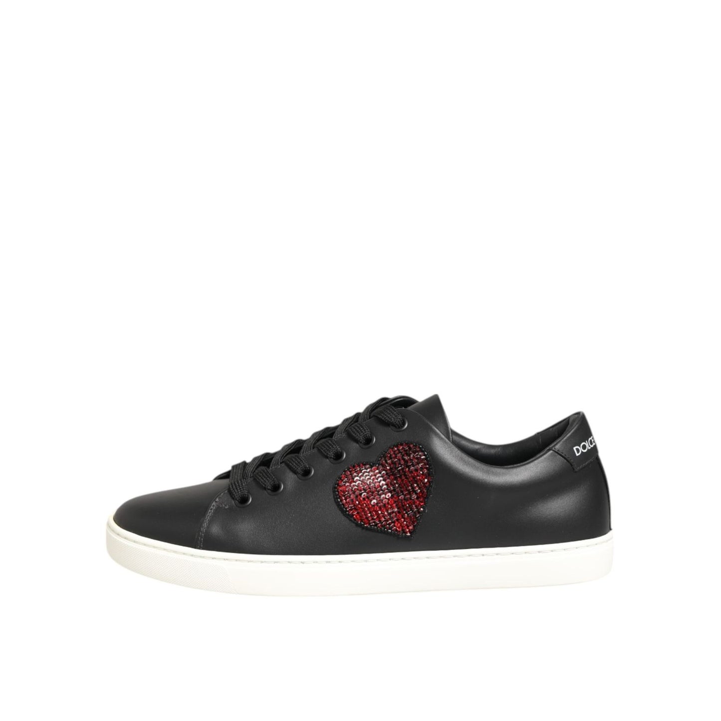 Dolce & Gabbana Black White Leather Crystal Heart Sneakers Shoes with red heart patch and lace-up design.