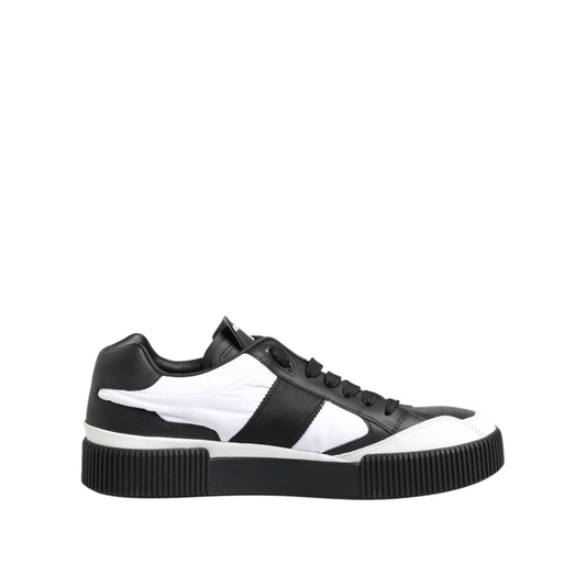 Dolce & Gabbana Black White Leather MIAMI Low Top Sneakers Shoes, modern urban style, crafted from smooth leather, side view.