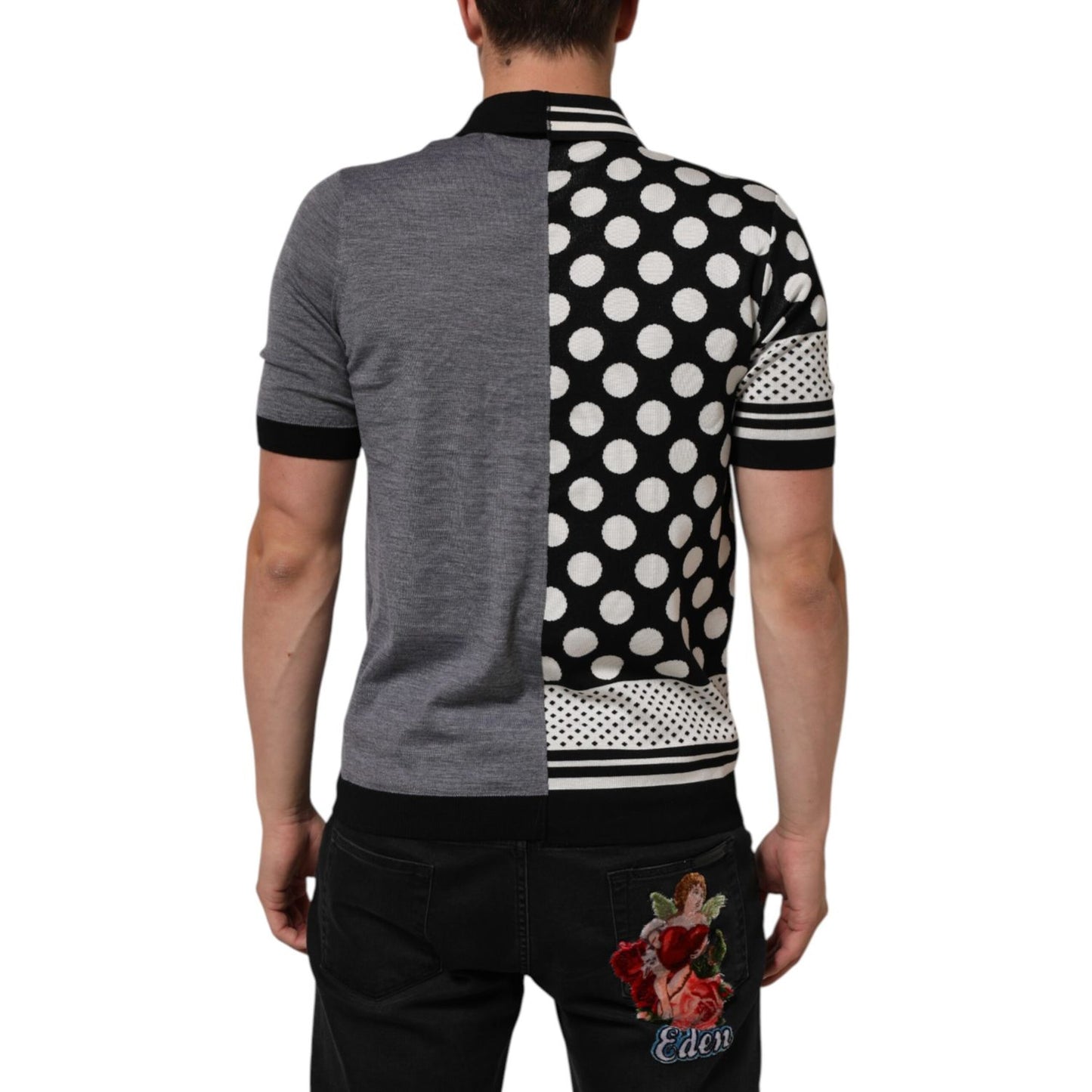 Back view of Dolce & Gabbana Black White Polka Dot Collared Polo T-shirt with button closure and logo details