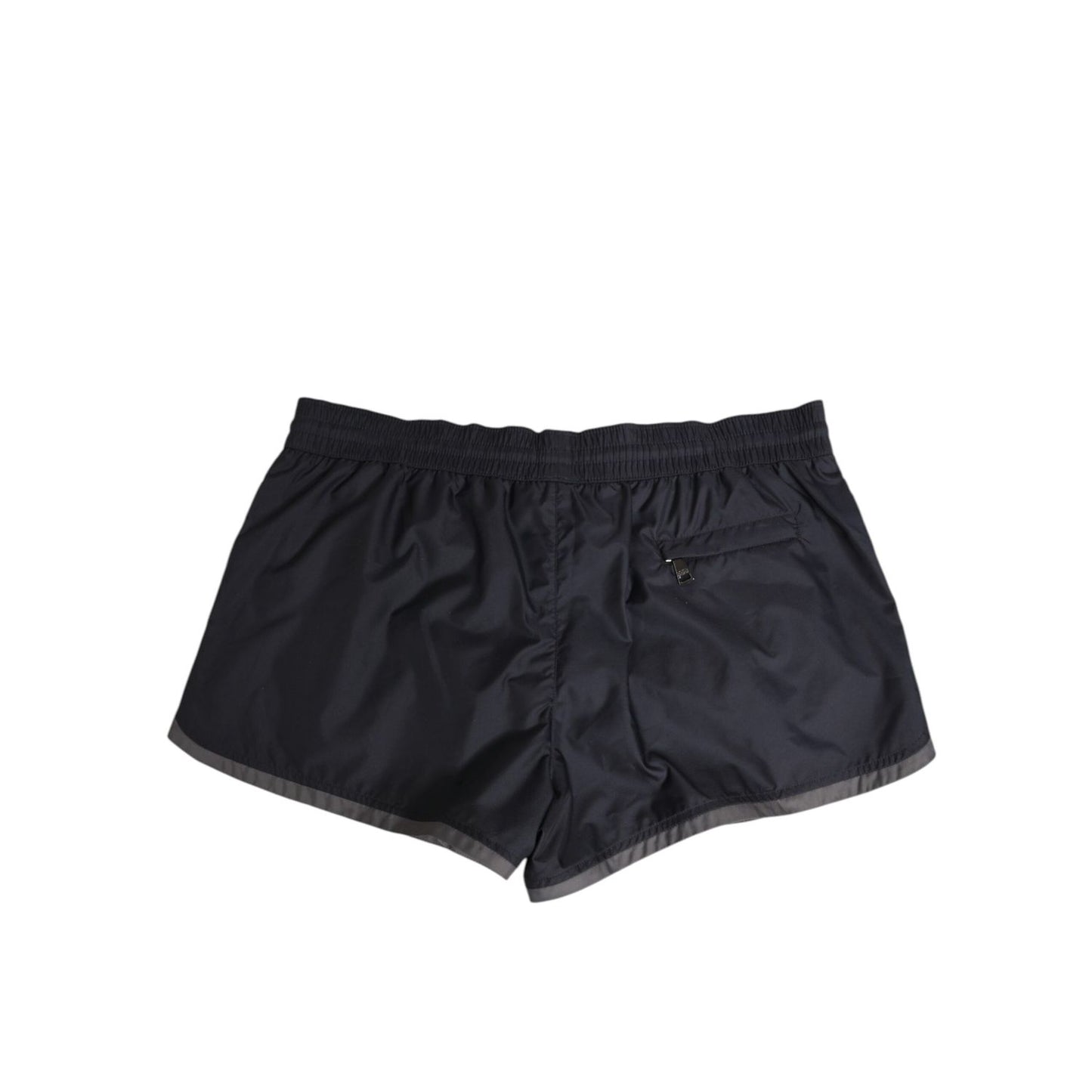 Dolce & Gabbana Black White Polyester Logo Elastic Waistband Swimwear with white stripes, back view.