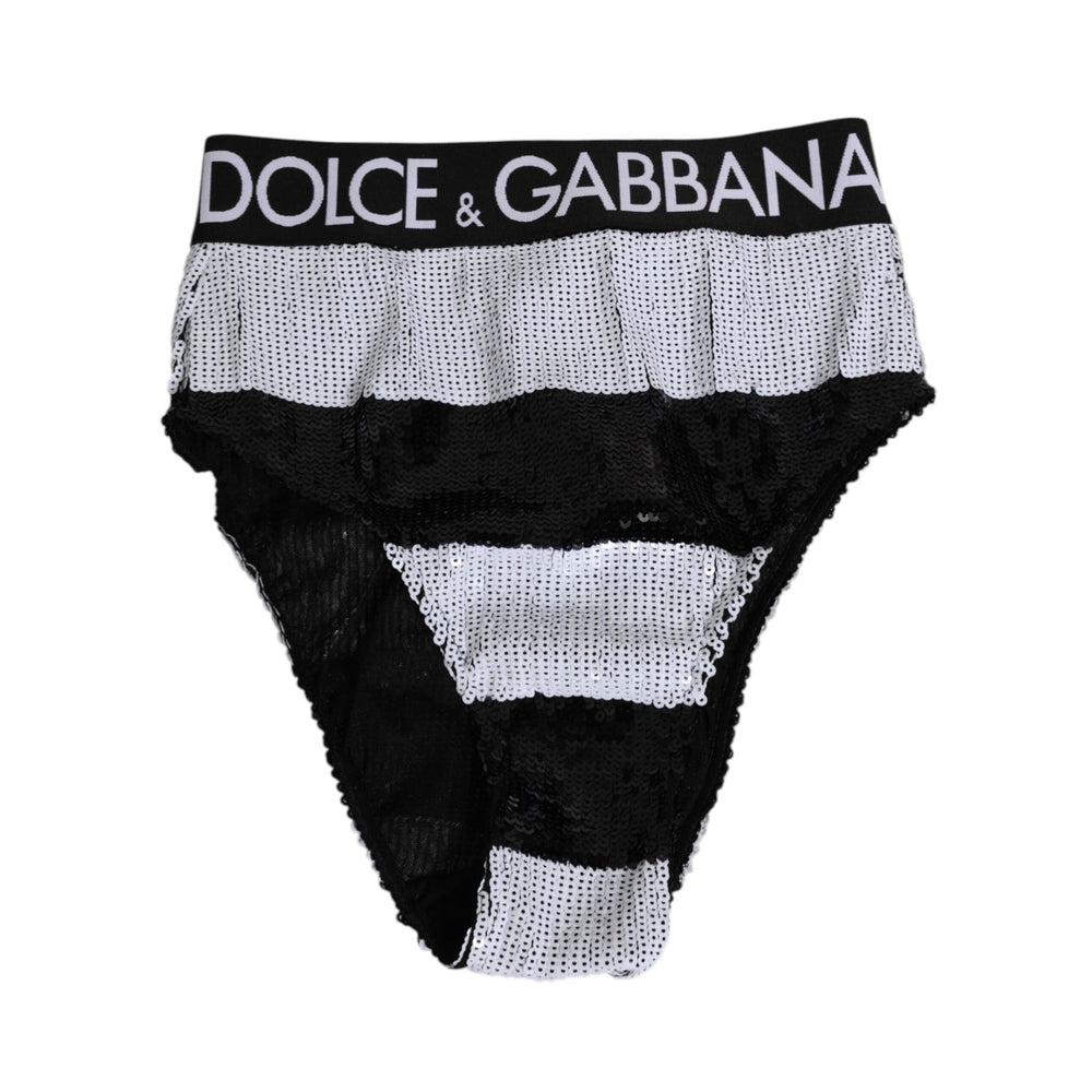 Dolce & Gabbana Black White Sequin High Waist Panty Underwear with logo, made in Italy, showcasing bold, elegant design.
