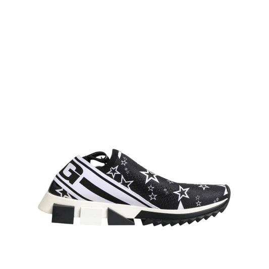 Dolce & Gabbana Black White Sorrento Low Top Sneakers Shoes with star pattern and rubber sole, authentic fabrication, made in Italy.