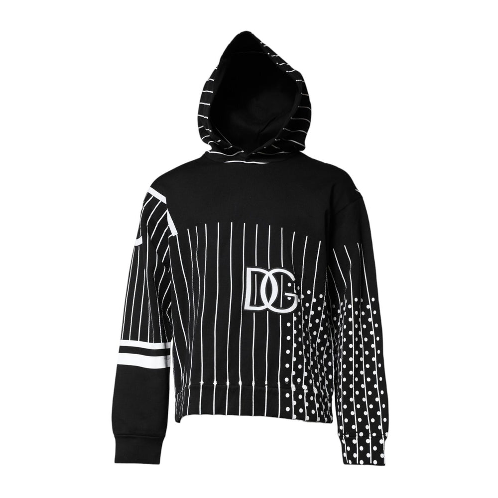 Dolce & Gabbana Black White Stripe Hooded Sweatshirt Sweater with logo details, regular fit, Italian made. Fashionable streetwear.