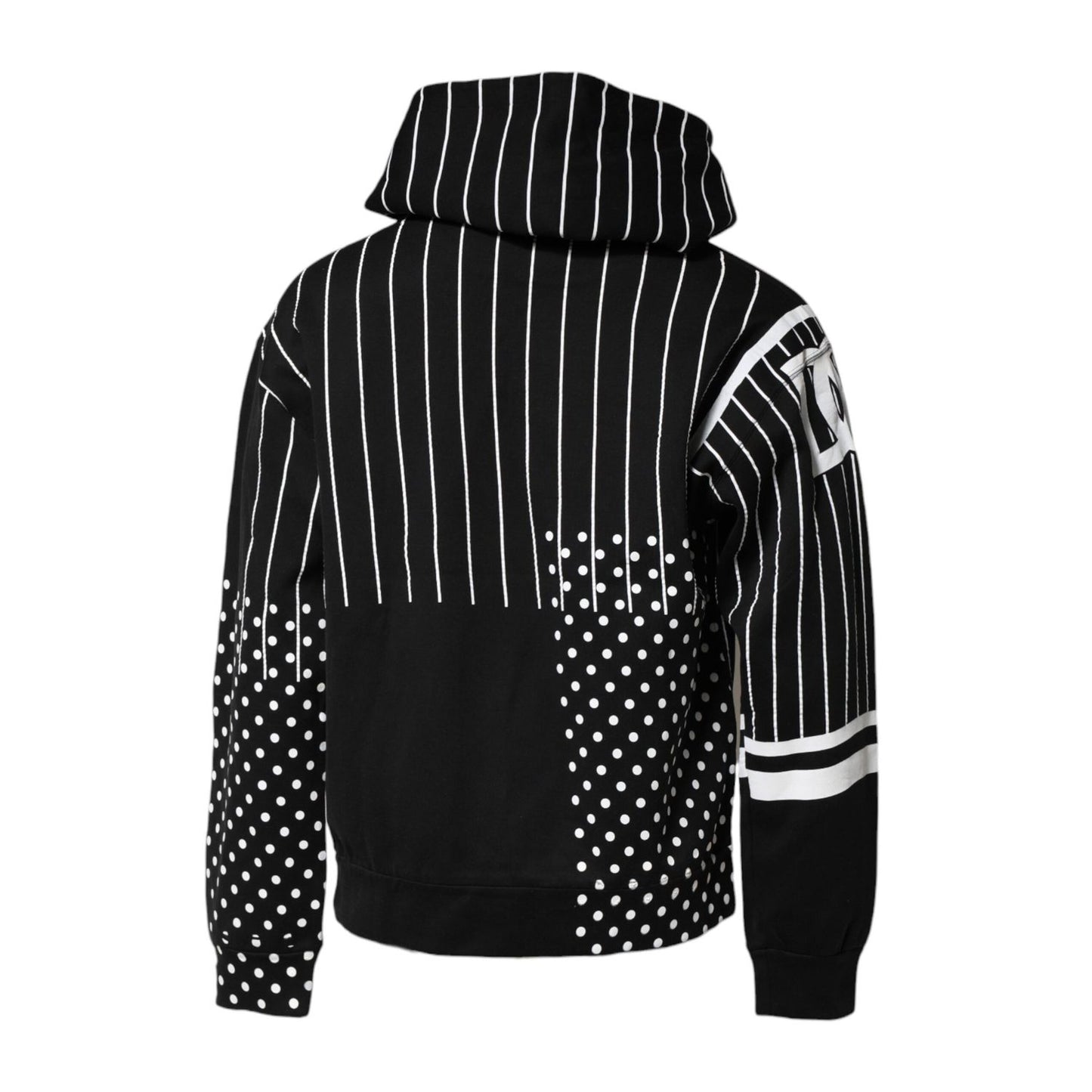 Dolce & Gabbana Black White Stripe Hooded Sweatshirt Sweater with print, back view, made in Italy, regular fit, cotton and nylon blend.
