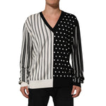 Dolce & Gabbana Black White Stripe Polka V-Neck Pullover Sweater featuring bold patterns and premium silk fabric.