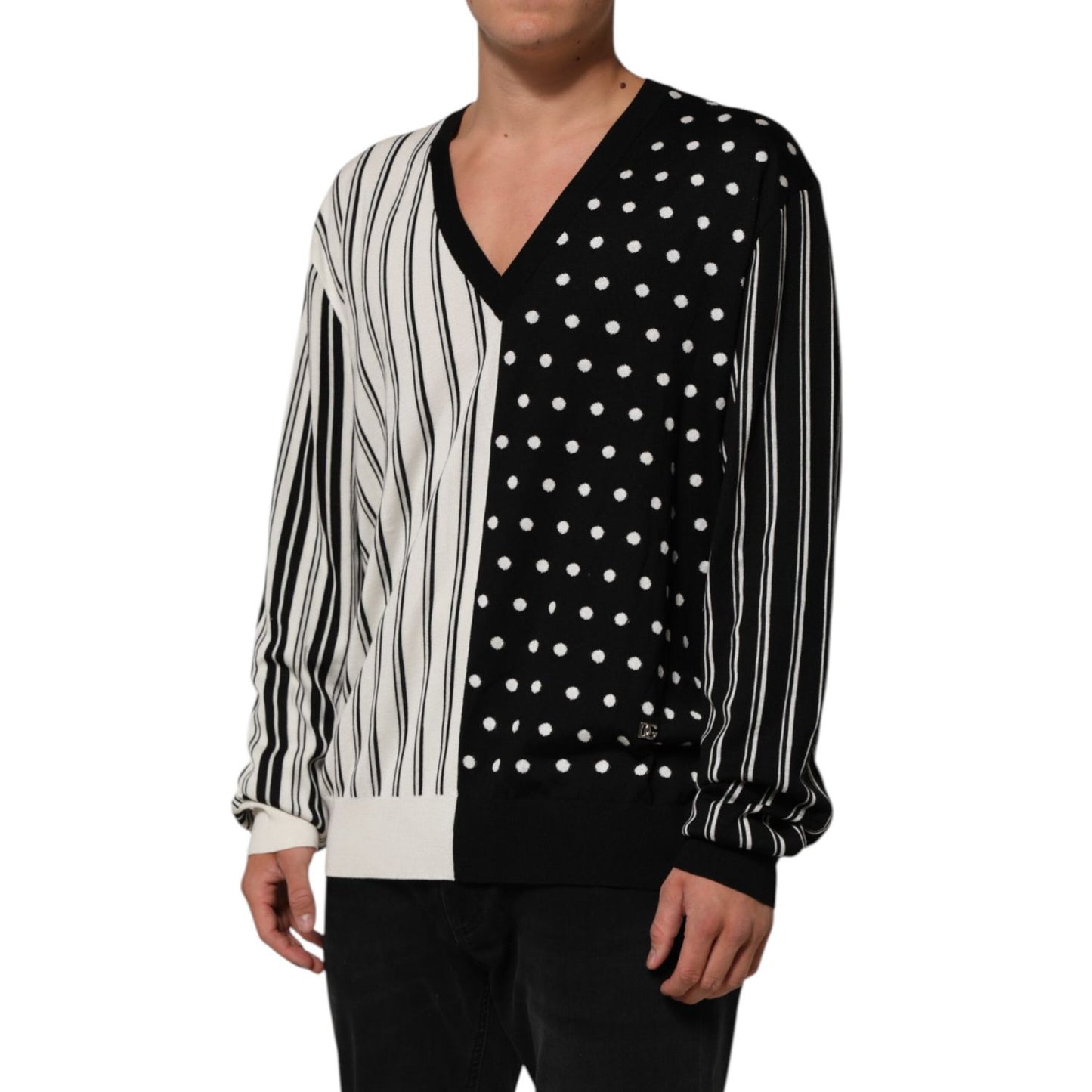 Dolce & Gabbana Black White Stripe Polka V-Neck Pullover Sweater, stylish silk design for casual or smart-casual elegance.