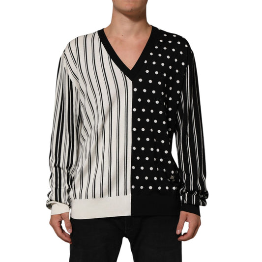 Dolce & Gabbana Black White Stripe Polka V-Neck Pullover Sweater on model, stylish and elegant, premium silk material.