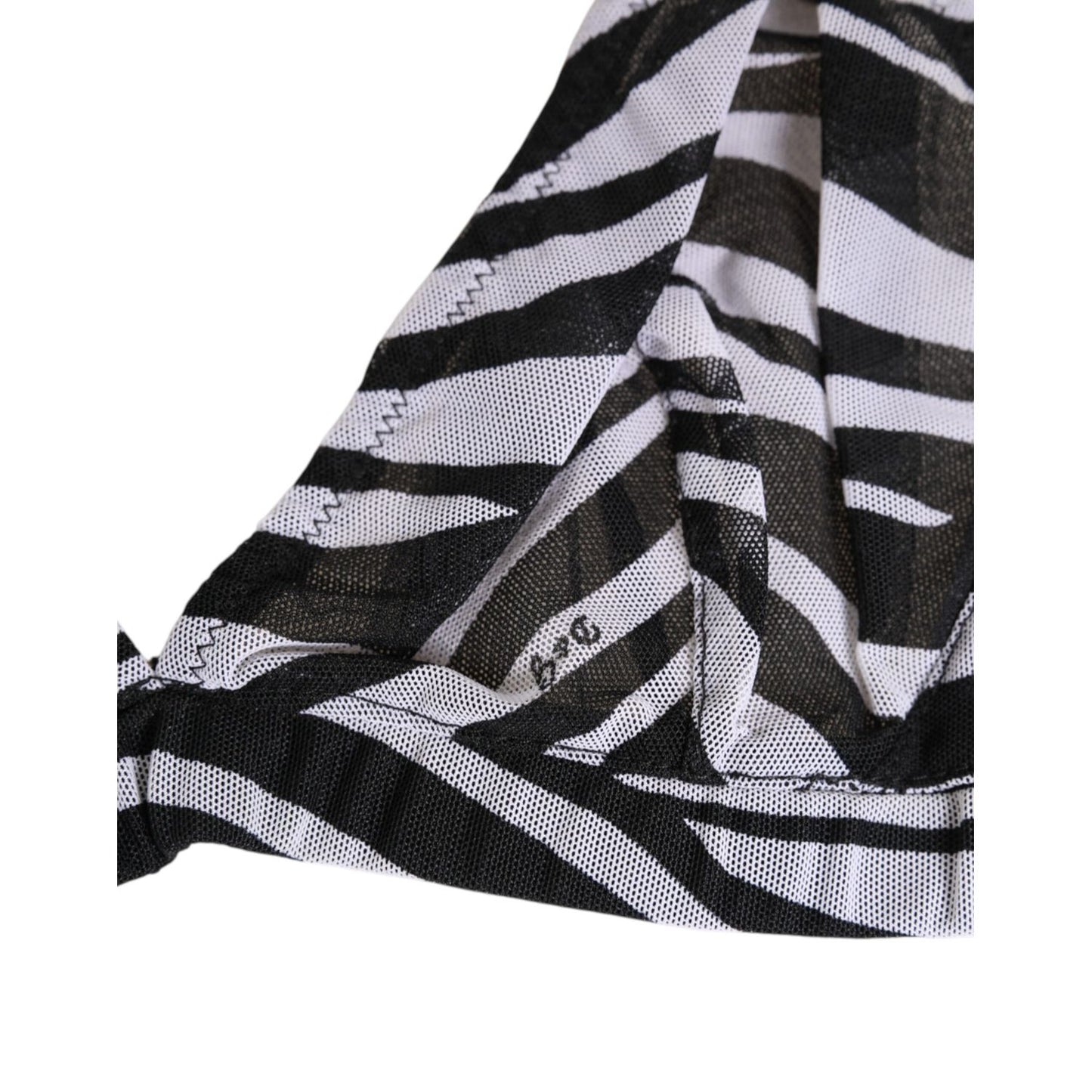 Close-up of Dolce & Gabbana Black White Zebra Print Sheer Mesh Bralette Underwear detail showing zebra pattern and stitch quality.