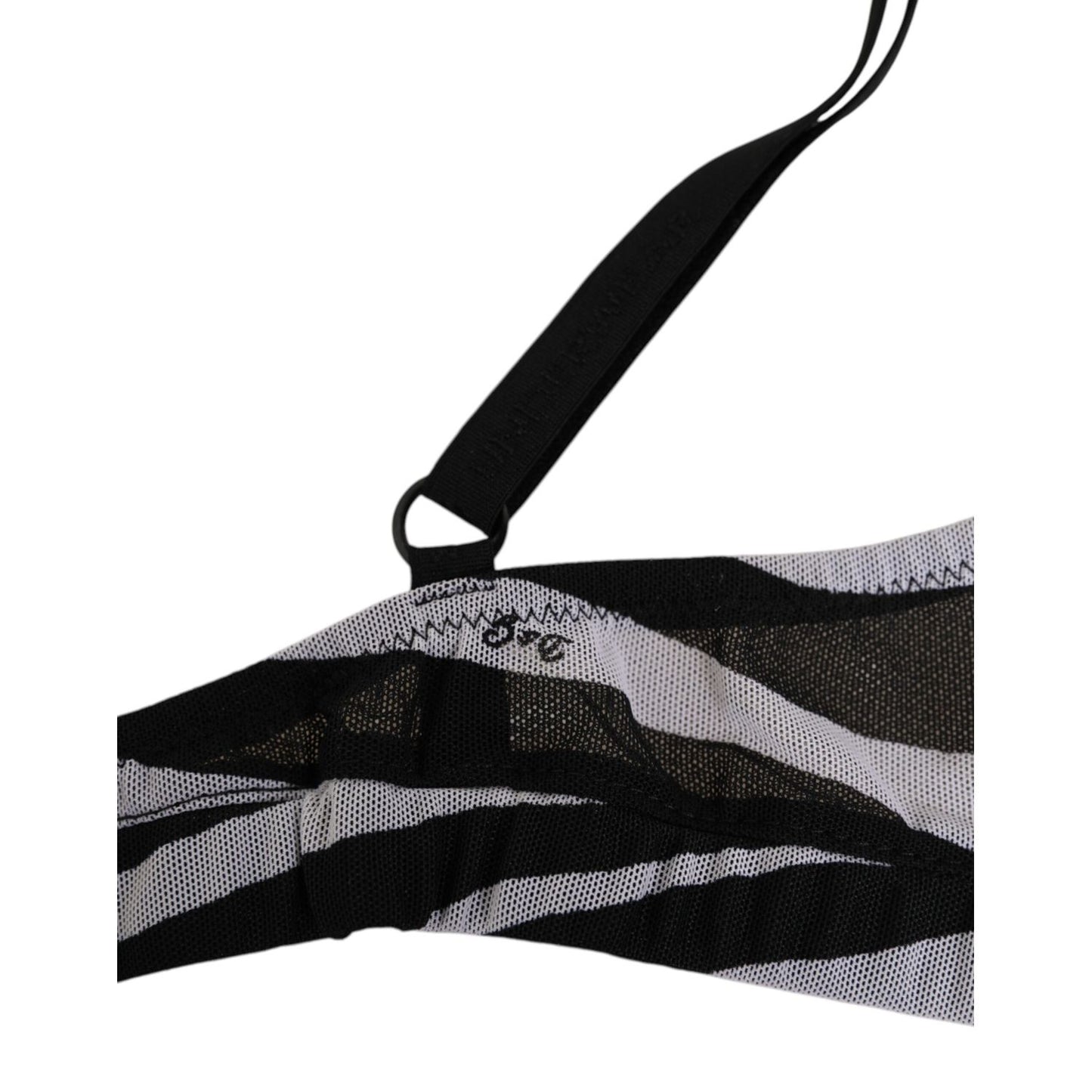 Dolce & Gabbana Black White Zebra Print Sheer Mesh Bralette Underwear showcasing adjustable strap detail and zebra pattern.