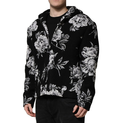 Dolce & Gabbana Black Wool Floral Printed Men Hooded Jacket