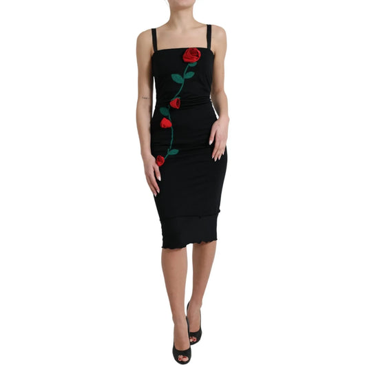Dolce & Gabbana Black Wool Sleeveless Rose Applique Dress showcasing red rose embroidery and elegant design for formal occasions.