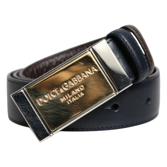 Dolce & Gabbana Blue Brown Leather Buckle Reversible Belt featuring a gold and silver metal buckle with logo details, made in Italy.