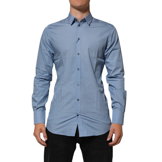 Dolce & Gabbana Blue Cotton Collared GOLD Formal Dress Shirt with long sleeves and gold accents, ideal for luxury events and styling.