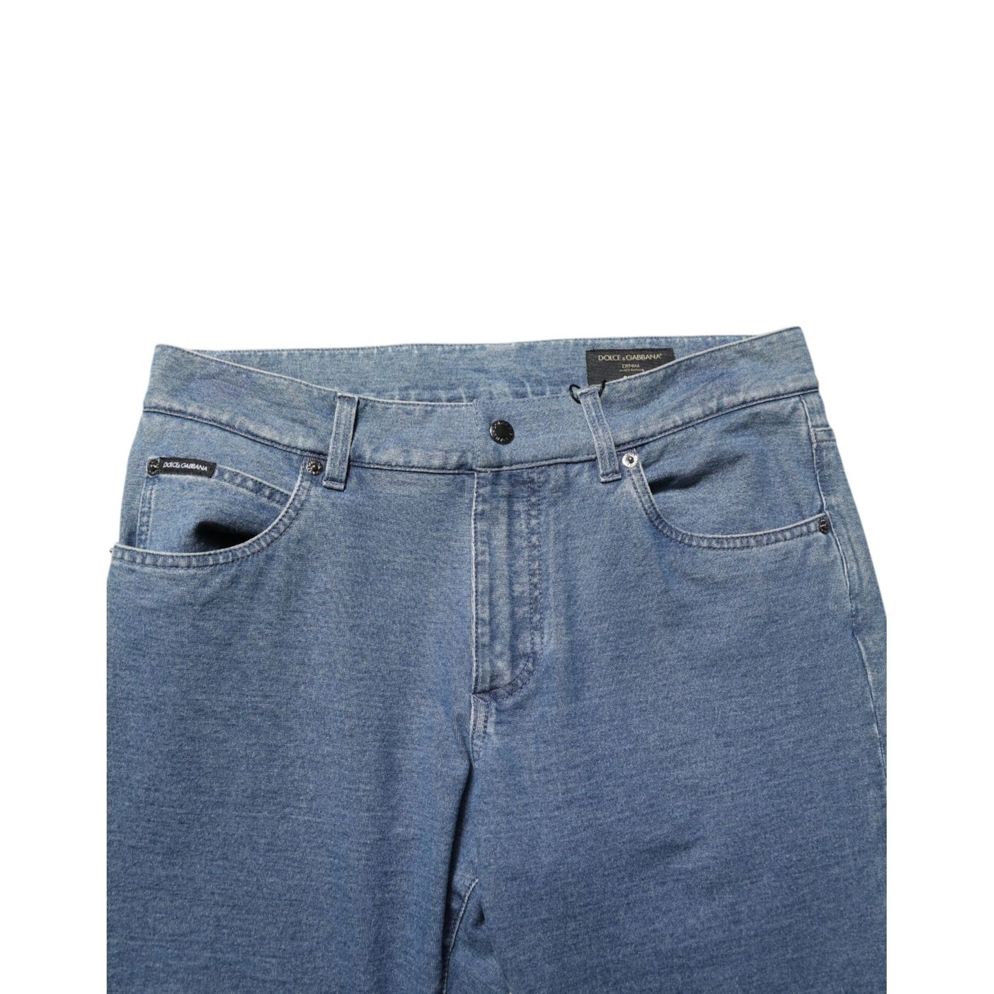 Dolce & Gabbana Blue Cotton Stretch Slim Fit Men Denim Jeans with five-pocket styling and zip-button closure. Fashion-forward skinny silhouette.