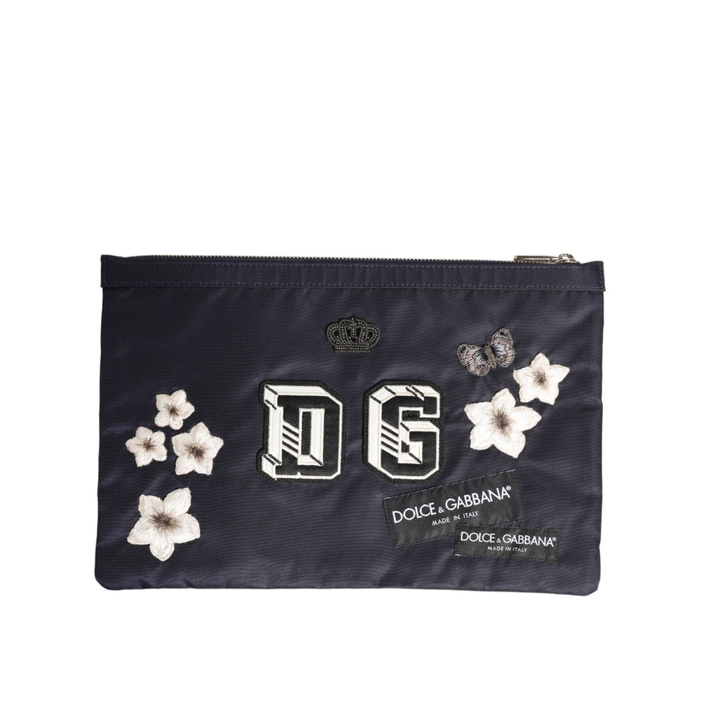 Dolce & Gabbana Blue DG Logo Patch Embellished Pouch Clutch Men Borse Bag with zipper closure and floral design.