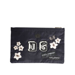Dolce & Gabbana Blue DG Logo Patch Embellished Pouch Clutch Men Borse Bag, blue nylon with crown and floral patches