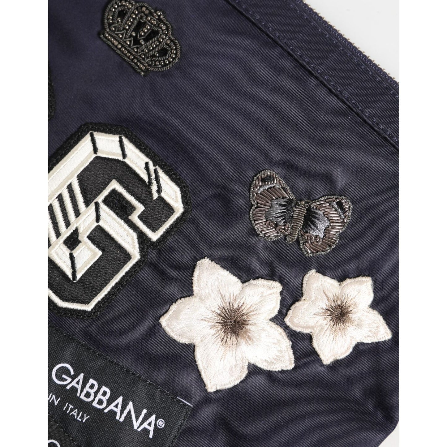 Dolce & Gabbana Blue DG Logo Patch Embellished Pouch Clutch Men Borse Bag with floral and butterfly embroidery