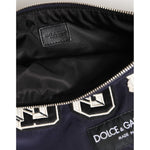 Close-up of Dolce & Gabbana Blue DG Logo Patch Embellished Pouch Clutch Men Borse Bag showing interior with zip and logo details.