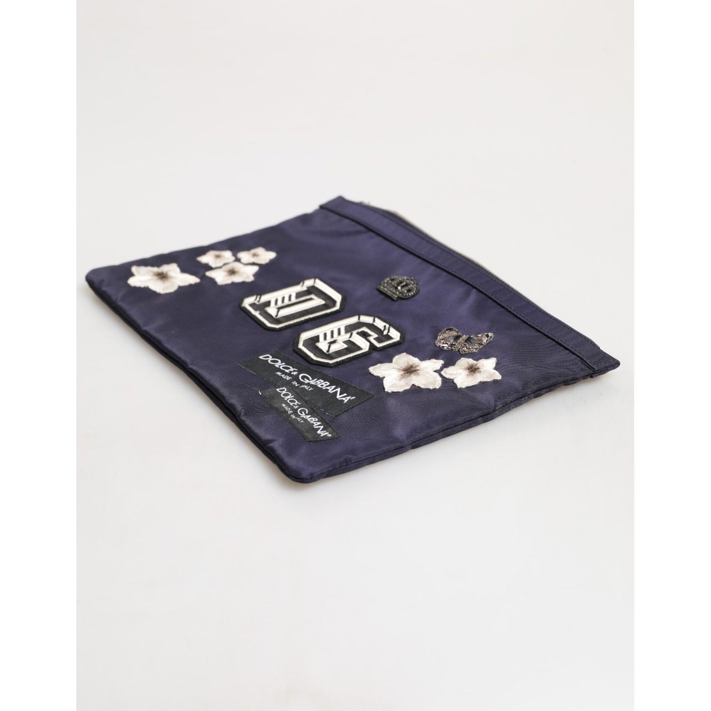 Dolce & Gabbana Blue DG Logo Patch Embellished Pouch Clutch Men Borse Bag with crown and floral embroidery.