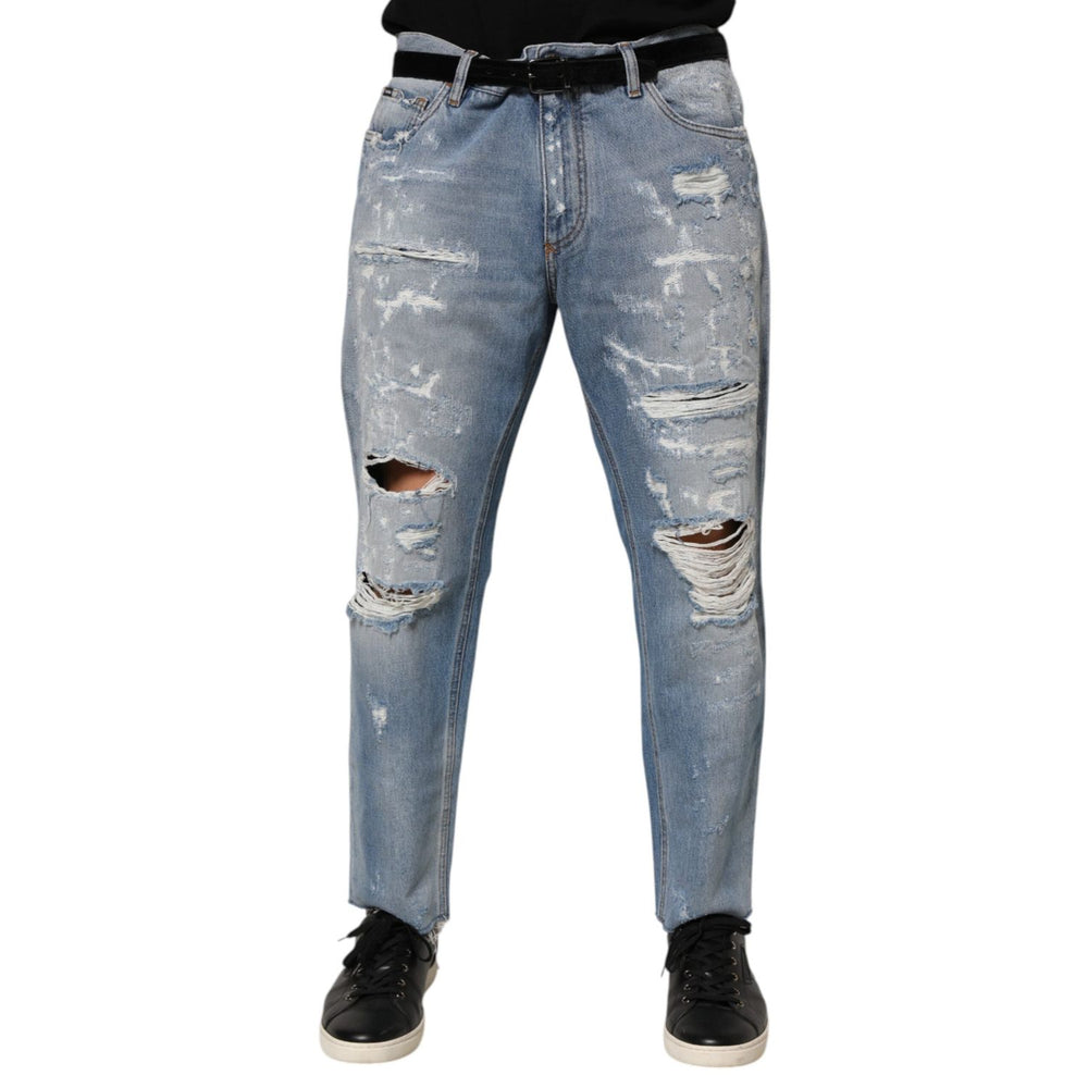 Dolce & Gabbana Blue Distressed Ripped Denim Pants Jeans, stylish streetwear, heavily distressed, Italian design, logo plaque visible.