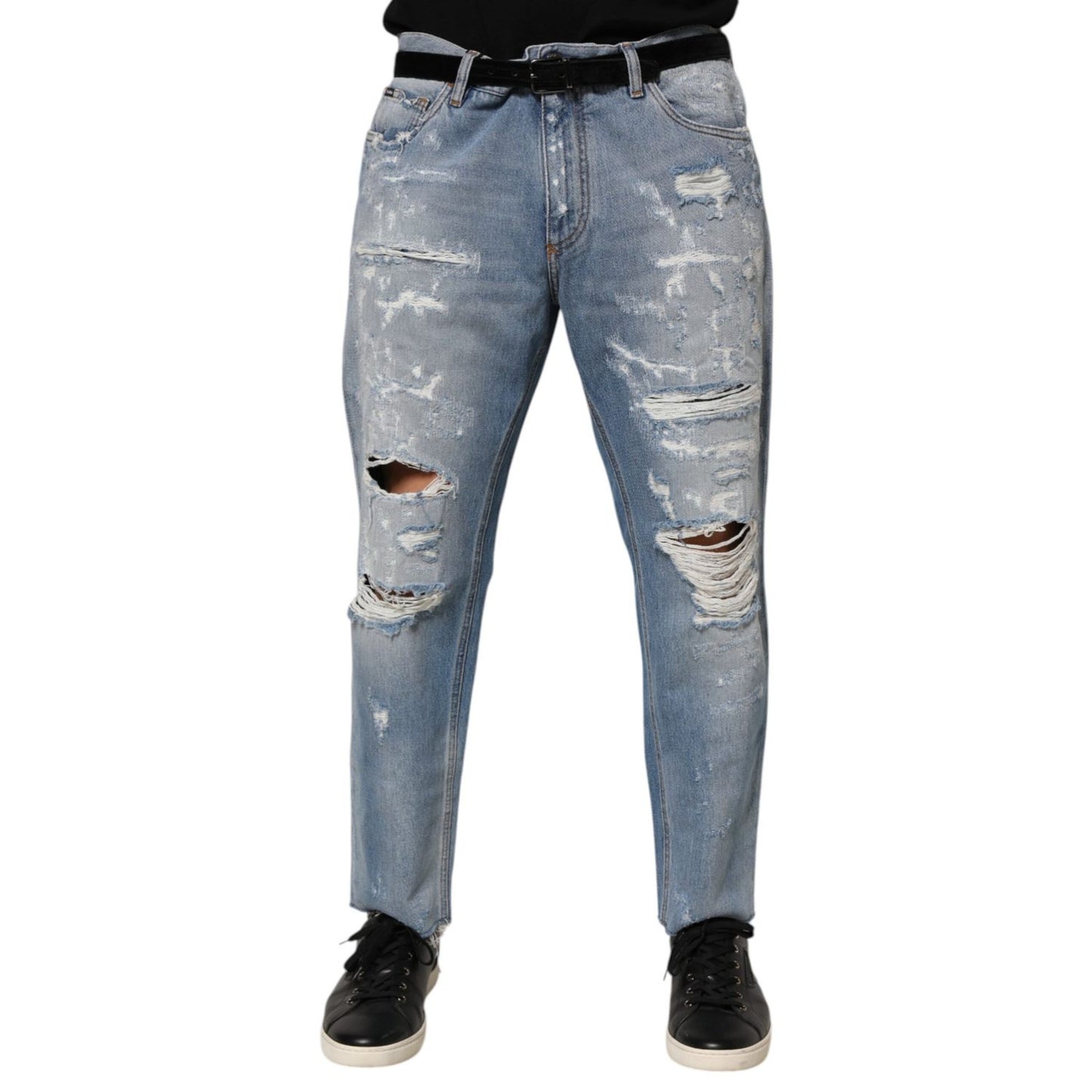 Dolce & Gabbana Blue Distressed Ripped Denim Pants Jeans showcasing distressed and ripped design in blue for a trendy look.