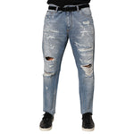 Dolce & Gabbana Blue Distressed Ripped Denim Pants Jeans showcasing distressed and ripped design in blue for a trendy look.