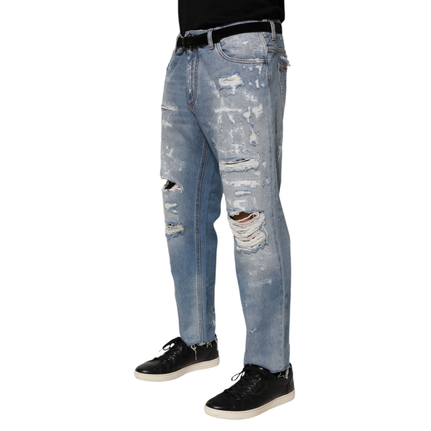 Dolce & Gabbana Blue Distressed Ripped Denim Pants Jeans, featuring heavy distressing and unique style.