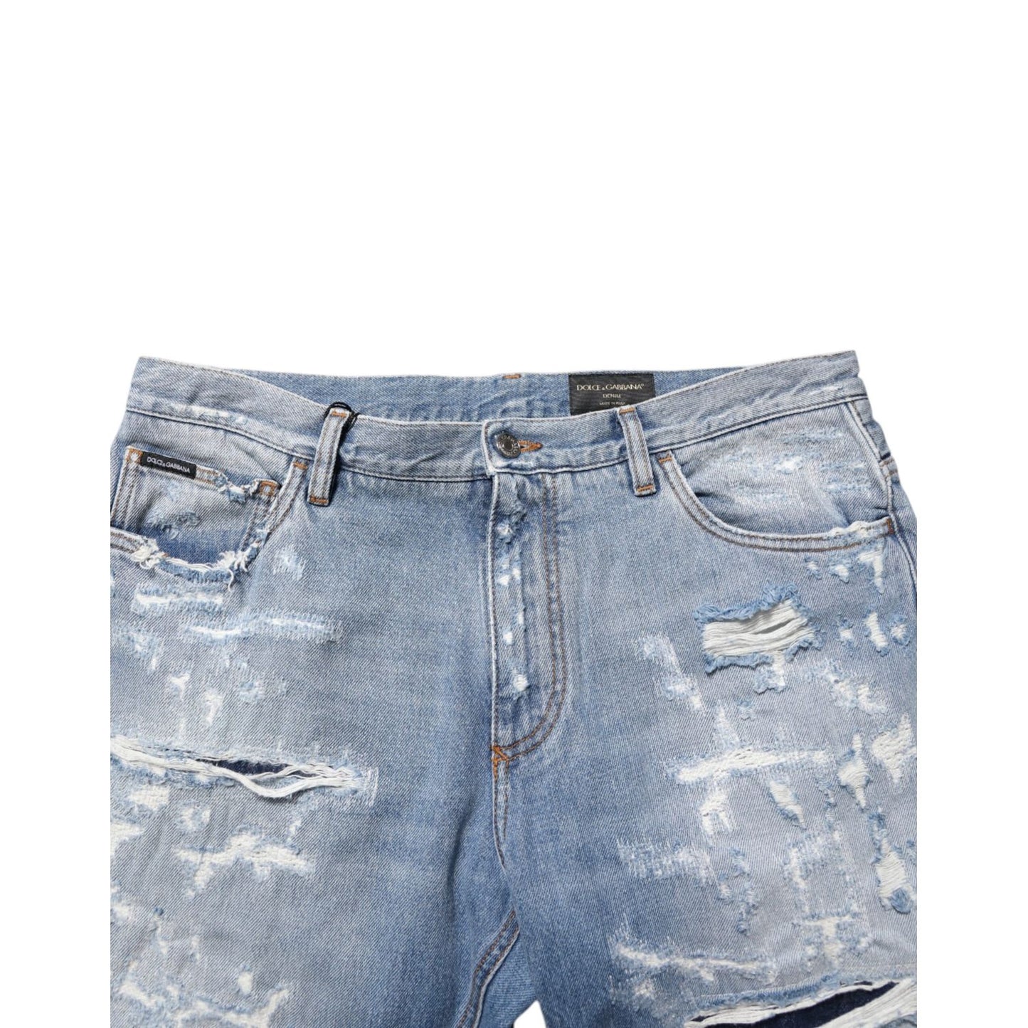 Dolce & Gabbana Blue Distressed Ripped Denim Pants Jeans with modern streetwear design and logo plaque.