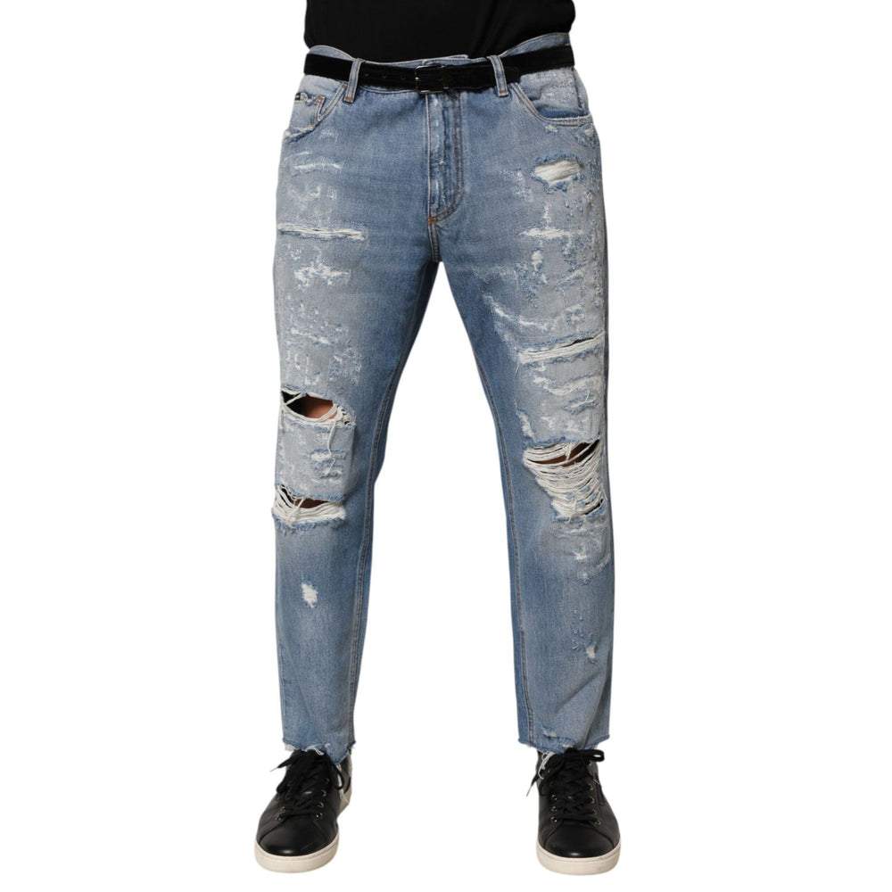 Dolce & Gabbana Blue Distressed Ripped Denim Trouser Jeans with modern streetwear edge and logo plaque, front view