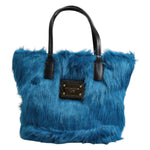 Dolce & Gabbana Blue Fur Logo Plaque Double Handle Shoulder Bag with black leather handles and silver detailing.
