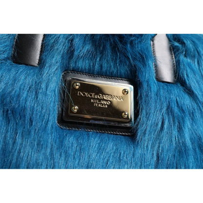 Dolce & Gabbana Blue Fur Logo Plaque Double Handle Shoulder Bag