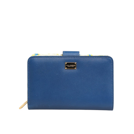 Dolce & Gabbana Blue Leather Continental Tile Print Zip Card Holder Purse Wallet with gold metal accents.