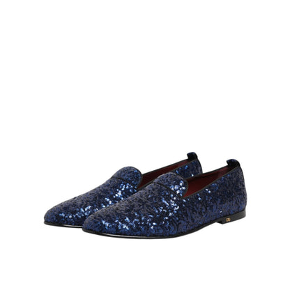 Dolce & Gabbana Blue Sequined Loafers Slippers Men Dress Shoes, elegant slip-on design with shimmering sequins and leather sole.
