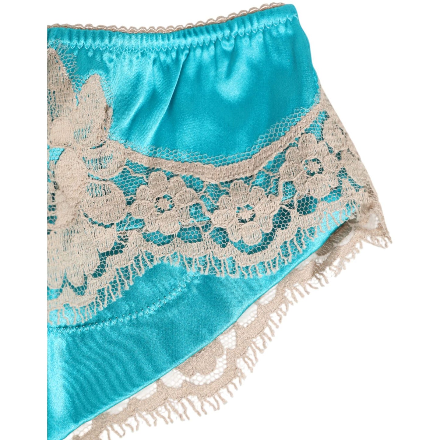 Dolce & Gabbana Blue Silk Satin Lace Trim New Slip Underwear with elegant beige lace detail, close-up view.