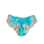 Dolce & Gabbana Blue Silk Satin Lace Trim New Slip Underwear with beige lace detail, elegant and feminine design, made in Italy.