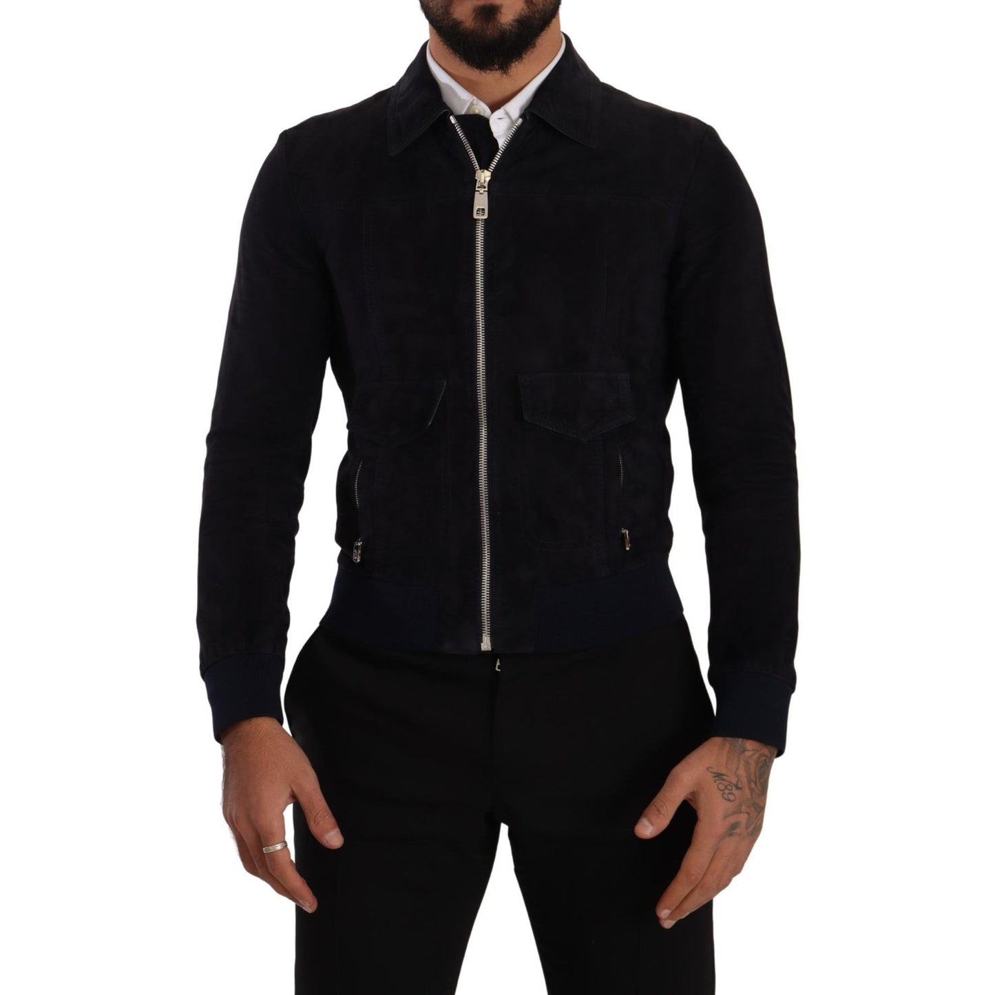 Dolce & Gabbana Blue Suede Lambskin Leather Coat Jacket