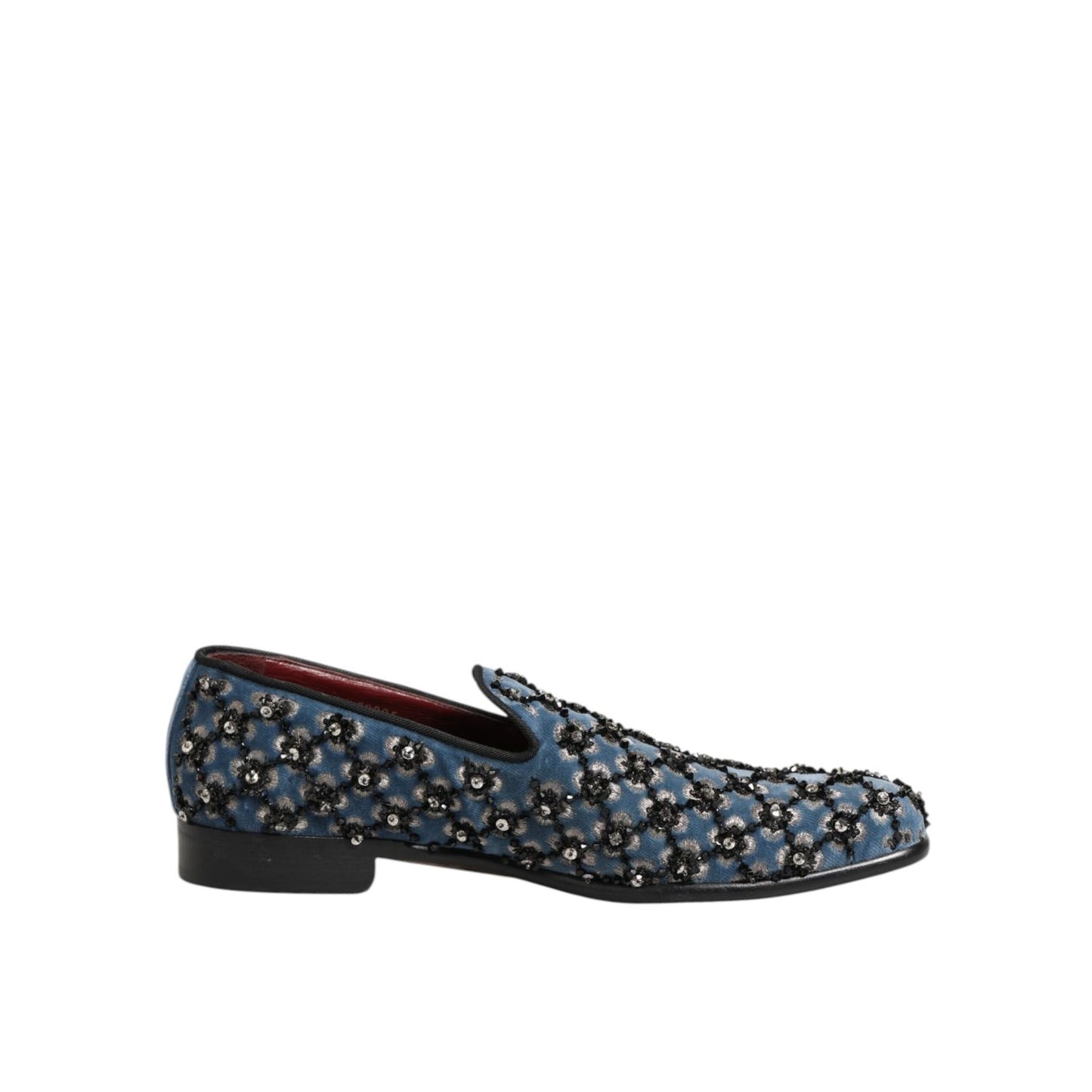 Dolce & Gabbana Blue Velvet Crystal Detailing Loafer Men Shoes with intricate embellishments for a luxurious and elegant style.