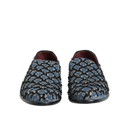 Dolce & Gabbana Blue Velvet Crystal Detailing Loafer Men Shoes, front view with stunning intricate embellishments.